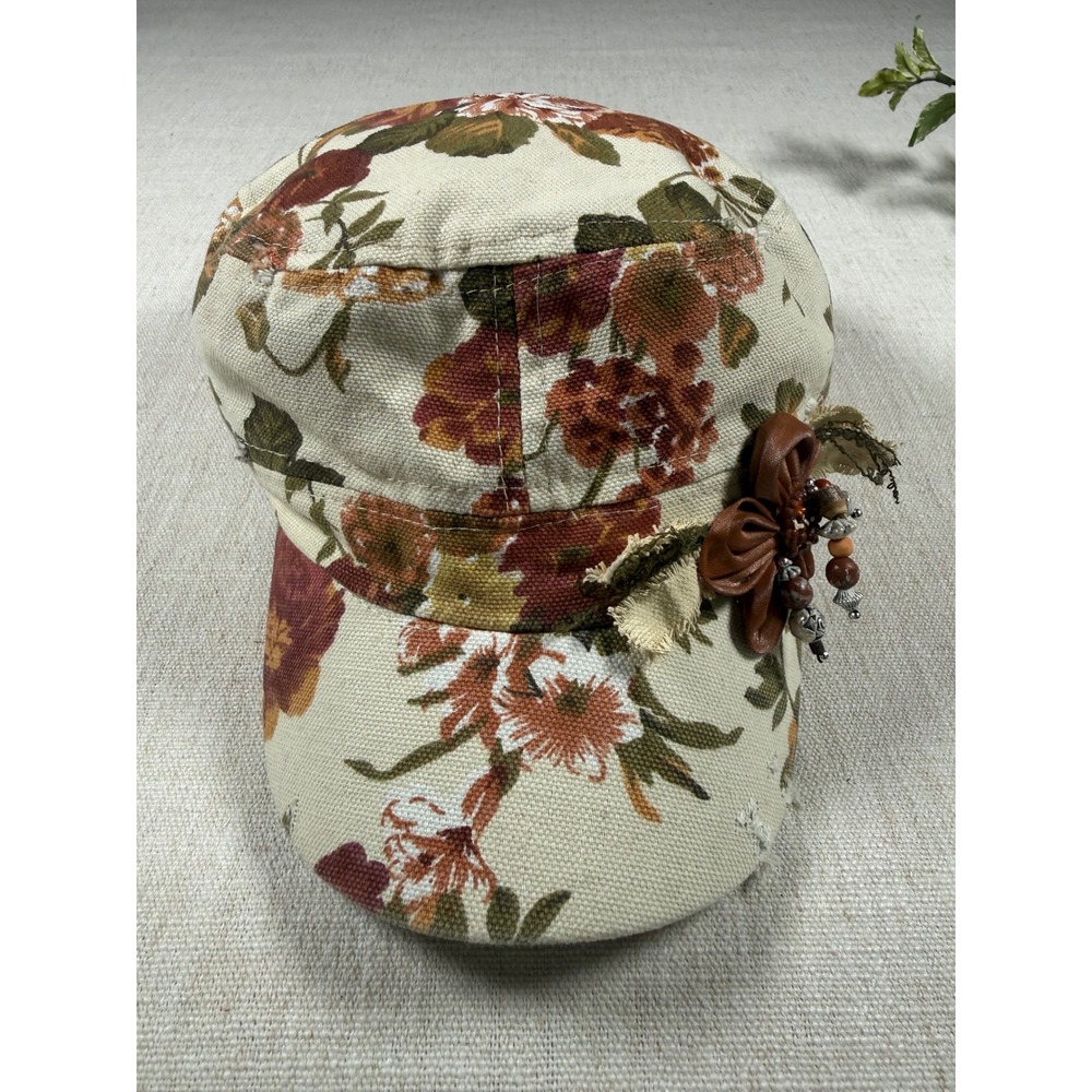 Floral Cadet Hat Distressed Military Style Cap with Flower Charm Accent Cream